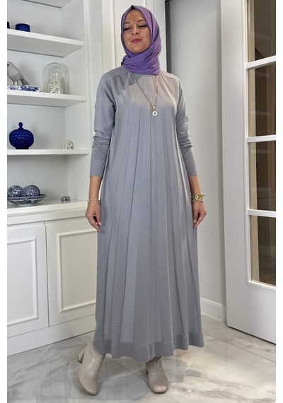 Rabia Şamlı Beyza Fitilli Triko Elbise Gri Normal