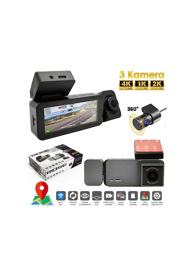 Rose Mr-46 Wifi Araç İçi 3 Kamera Gps'li Dvr Led Ekran Gece Renkli Sesli 4k+2k+1k