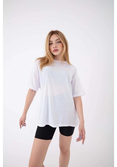 Tarzsokak Kadın Oversize Kısa Kollu Bisiklet Yaka Beyaz
