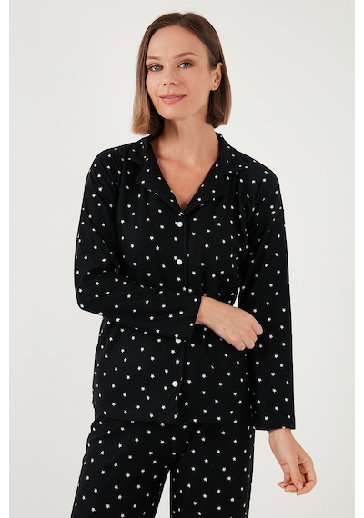 Lela Streç Standart Fit Düğmeli Bayan Pijama Takımı 60956601 Siyah