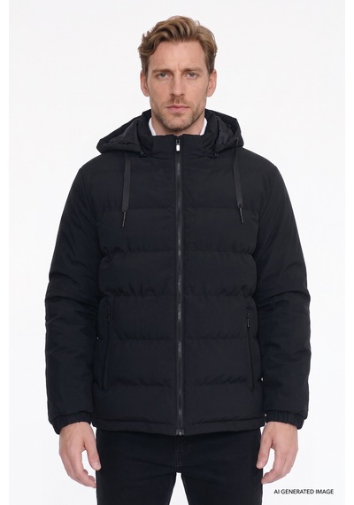 AC&Co / Altınyıldız Classics Erkek Sıyah Standart Fit Normal Kesim Dik Yaka Kapüşonlu Yan Cepli Casual Mont Siyah