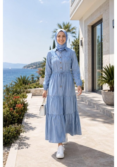 Hb Harma Time Butik Kadın Düğmeli Cepli Bağcıklı Tensel Kumaş Açık Mavi Kot Elbise Hb Harma Time Butik Kadın Düğmeli Cepli Bağcıklı Tensel Kumaş Açık Mavi Kot Elbise