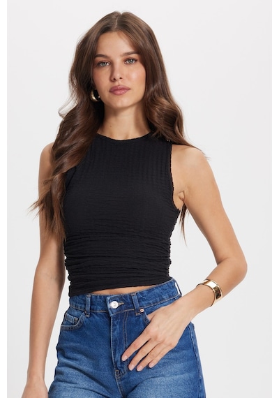 Tudors Kadın Slim Fit Dar Kesim Bürümcük Kumaş Likralı Siyah Askılı Bluz-50873