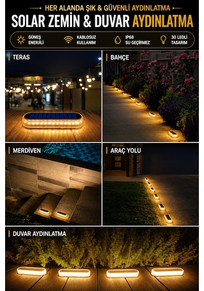 1 Adet Solar Güneş Enerjili Premium Kalite, 30 Led'li Dekoratif Zemin, Bahçe Ve Peyzaj Aydınlatma Ip68 Su Geçirmez, Sarı Işık
