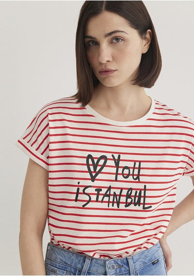 Mavi - Love You Baskılı Çizgili Istanbul Tişört 167986-26829 Beyaz