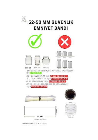 Standart Kavanoz Güvenlik Emniyet Bandı 100 Adet 52-53 MM Ağız Çapına Uygun 90 x 30 MM Baskısız