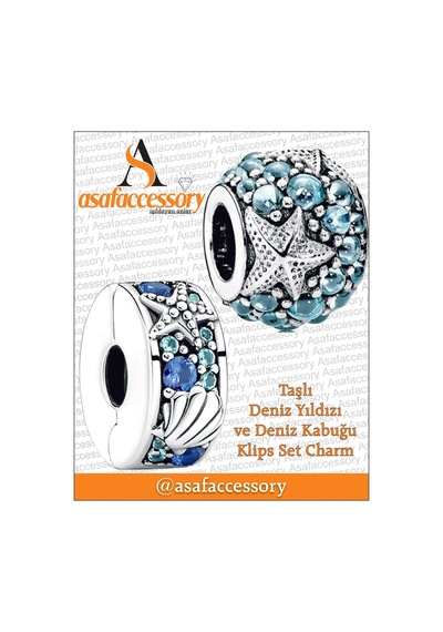 Taşlı Deniz Yıldızı Ve Deniz Kabuğu Klips Set Charm Gümüş