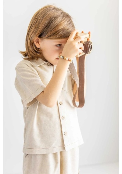 Oliven The Kid Oliventhekid Bej Keten Önden Düğmeli Cepli Kısa Kol Erkek Çocuk Gömlek Bej Bej