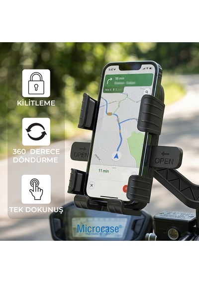 Microcase Motosiklet Telefon Tutucu - Ayna Bağlantılı, 360 Dönebilen Tek Tık Kilitlemeli Sarsıntı Önleyici - Al5743 Siyah