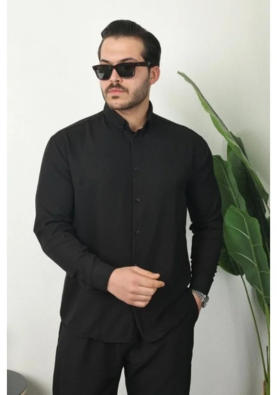 Erkek Siyah Keten Gömlek Ve Pantolon Uzun Kollu Alt Üst Takım