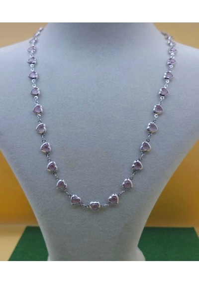 Kadın Gümüş Renk Zirkon Taşlı Çelik Özel Tasarım Kolye 45 Cm Pembe