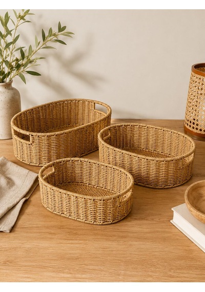 3'lü Dekoratif Plastik Rattan Sepet Seti El Örgüsü Düzenleyici Organizer Sepet Sarı