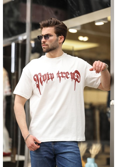 Madmext Ekru Baskılı %100 Pamuk Erkek T-shirt E7141 Ekru