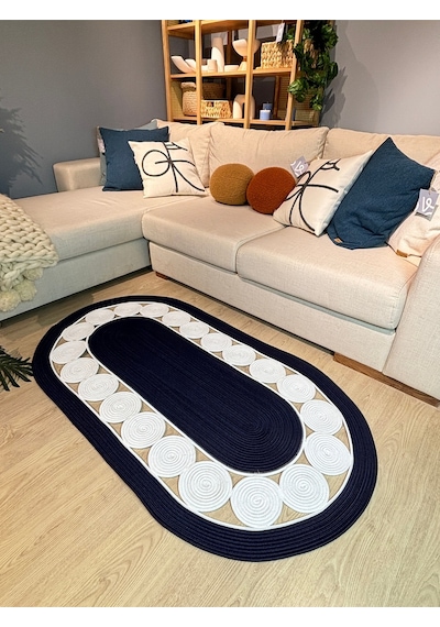 Mavaux Cookie Jüt Hasırlı El Örgüsü Kilim Lacivert - Beyaz