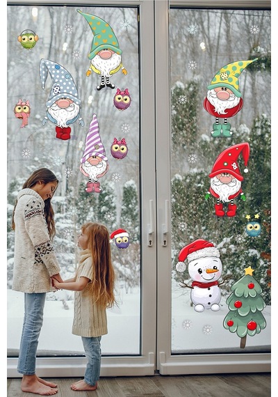 Yılbaşı Sticker Noel Cüceler Baykuş Kardan Adam Ve Kartaneleri Pencere Sticker