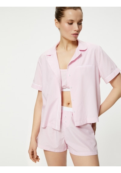Koton Gömlek Yaka Pijama Üstü Kısa Kollu Cepli Düğmeli Pınk Strıpe 4slk50051mw Pembe