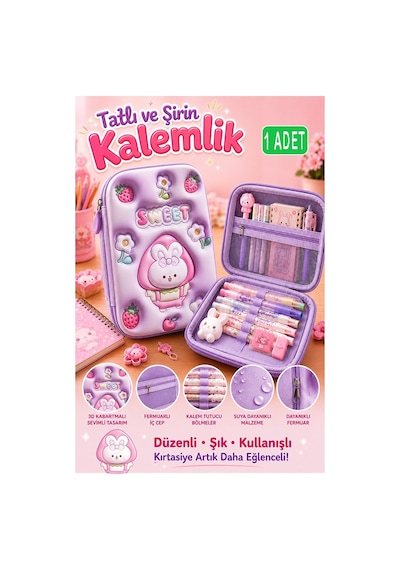Pembe Kabartmalı Bölmeli Kalemlik 1 Adet P-5984 Kız Çocuk Okul Kalem Kutusu 3 Boyutlu Fermuarlı Hediyelik Yeşil