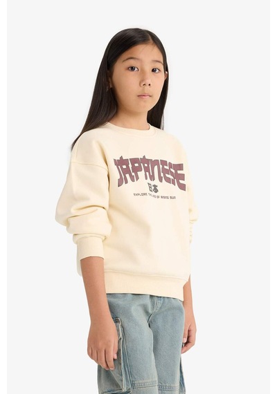 Defacto Kız Çocuk Relax Fit Bisiklet Yaka Baskılı İçi Yumuşak Tüylü Sweatshirt E6779a825wner134 Ekru