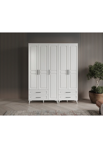 GuneyStore Gözde 5 Kapaklı Komple MDF Beyaz Gardırop