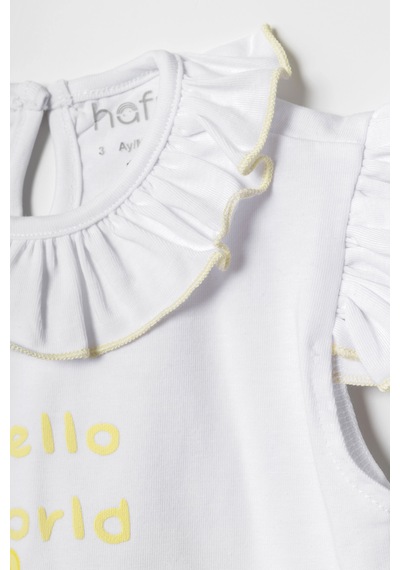 Hafy Baby Hello World Nakışlı, Fırfır Yakalı, Kız Bebek Şortlu Takım Beyaz - Sarı Hafy Baby Hello World Nakışlı, Fırfır Yakalı, Kız Bebek Şortlu Takım Beyaz - Sarı