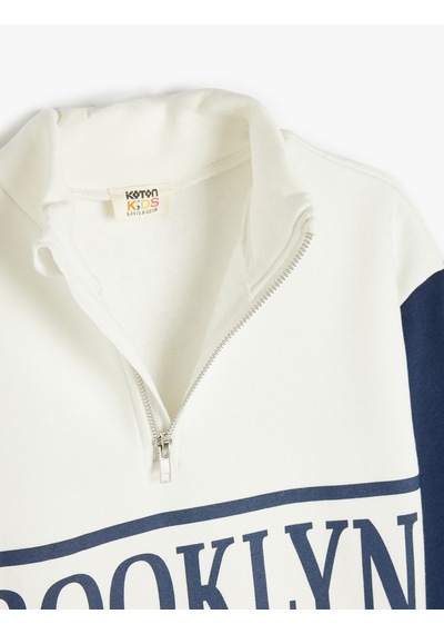 Koton Sweatshirt Dik Yaka Yarım Fermuarlı Şehir Baskılı Uzun Kollu Ekru 5wkg10186ak Ekru