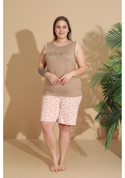 Eyfuze Kadın Milan Kumaş Büyük Beden Curve Baskılı Desenli Şortlu Pijama Takımı Bej