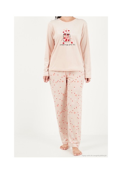Lela Desenli Yumuşak Dokulu Uzun Kollu Pijama Takımı Kadın Pijama Takımı 65750155 Somon