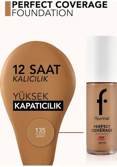Flormar Perfect Coverage Yoğun Kapatıcı Su Bazlı Fondöten (Sıcak Alt Ton) -135 Hazel -8682536070638