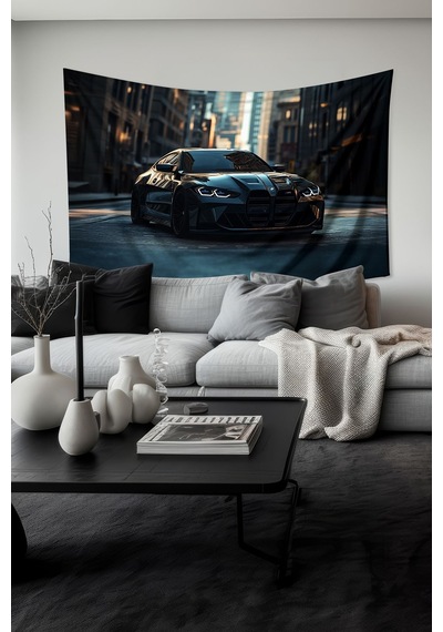 Siyah Spor Araba Desenli Duvar Halısı Duvar Örtüsü Tapestry Süet Dokulu Kumaş