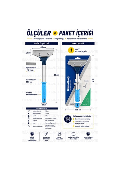 Profesyonel Kazıma Bıçağı 30 Cm 18 Mm Değiştirilebilir Bıçaklı Boya Cam Etiket Derz Kazıyıcı