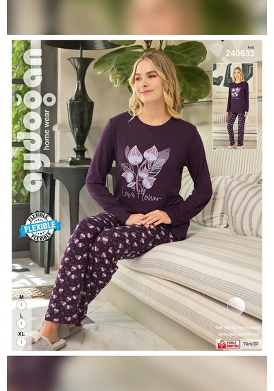 Aydoğan Kadın Mürdüm Viskon Uzun Kollu Pijama Takımı 240633 Resimdeki Renk