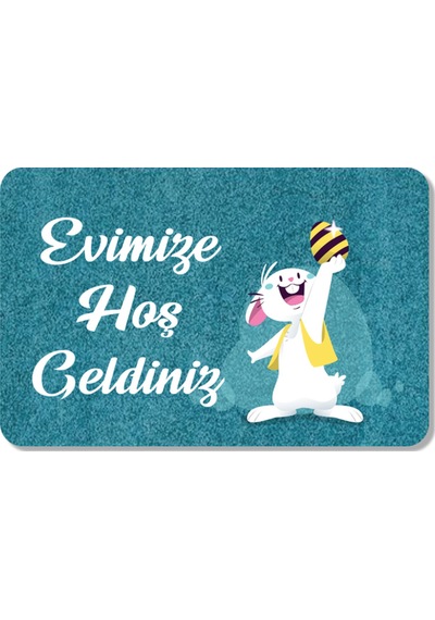 Dijital Baskılı Kapı Önü Paspas Hoşgeldiniz Yazılı Çiçek Desen Ve Tavşan Iç Ve Dış Kapı Yıkanabilir Altın
