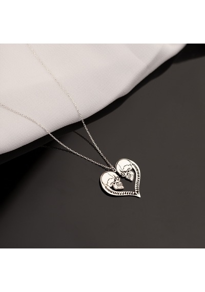 Dkmn Gümüş Çift Kurukafa Kalpli 925 Ayar Unisex Gümüş Kolye Gümüş Unisex Kol
