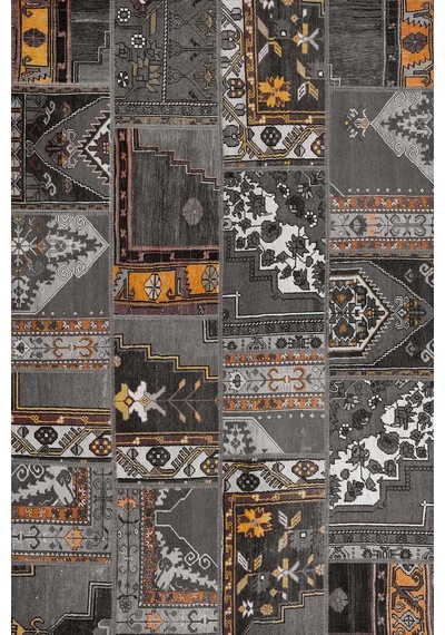 Patchwork Desenli Yıkanabilir Pamuk Taban Dijital Baskılı Halı Antrasit