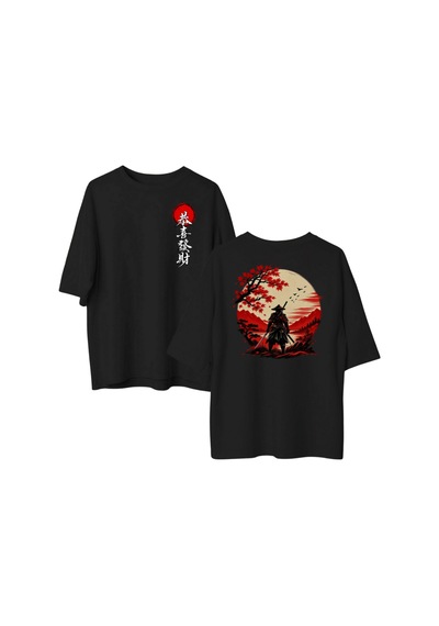 Qmen Style Unisex Siyah Oversize Baskılı T-shirt Japon %100 Pamuk