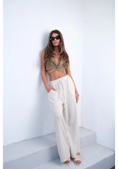 Defymoda Aksesuar Detay Keten Pantolon Bej
