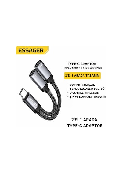 Essager 60w Şarj 2in1 Type-c To Type-c Dönüştürücü Çevirici Çoklayıcı Hızlı Şarj Type-c Kulaklık Çıkışı, Hifi Ses Ve Hızlı Şarj Adaptörü -
