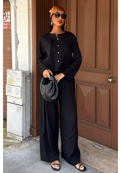 WeShaya Kadın Siyah Keten Oversize İkili Takım Siyah