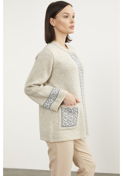 Sementa Leopar Detaylı Geniş Kalıp Triko Hırka - Bej 001