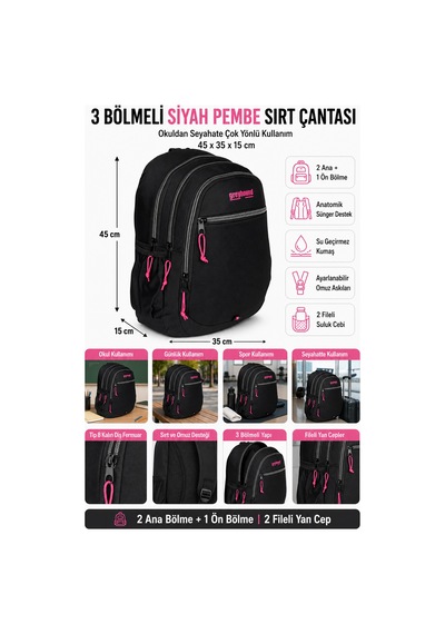 Siyah Pembe Sırt Çantası 3 Bölmeli Su Geçirmez Okul Günlük Spor Seyahat Çantası 45x35x15 Cm Çok Renkli