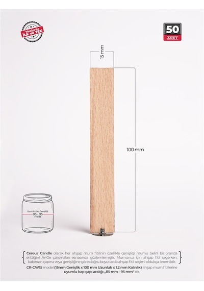 Ahşap Mum Fitili 15 Mm Genişlik Kalın Mumlar İçin, Nikel Kaplama Çelik Taban, 3m Köpük Bantlı, 50 Li Set Cereus Ahşap