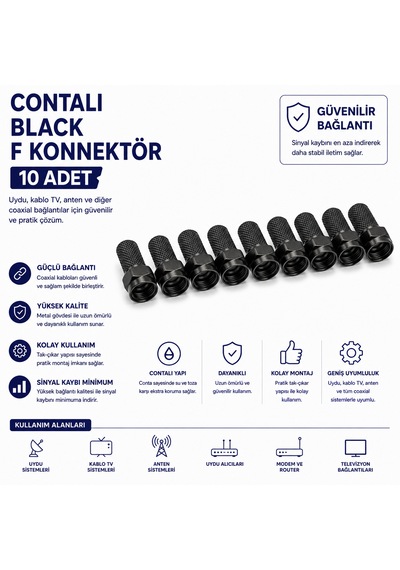 Contalı Black F Konnektör 10 Adet Siyah Uydu Anten Kablo Tv Koaksiyel Kablo Bağlantı Ucu