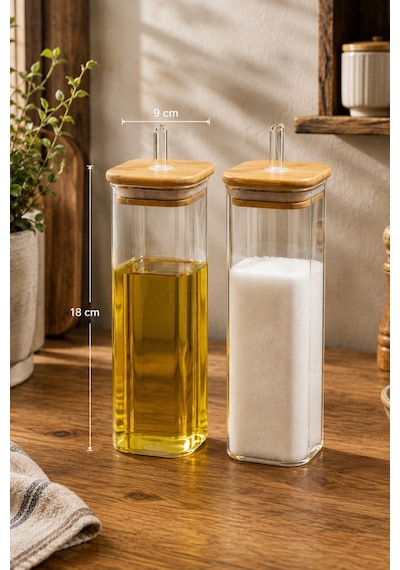 Porsima Cubes 2'li Bambu Kapaklı Borosilikat Cam Yağlık Ve Saklama Kabı Seti 525 Ml 9x18 Cm Cam Şeffaf