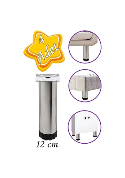 4 Adet Metal Ayarlanabilir 12 Cm Krom Destek Ayak Mobilya Kanepe Baza Koltuk Dolap Sehpa Ünite Ayağı Diğer