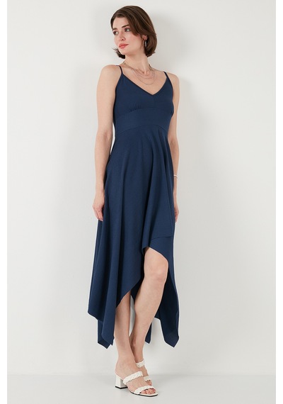Lela Asimetrik Kesim Regular Fit Midi Boy Askılı V Yaka Bayan Elbise 5866131 Indigo