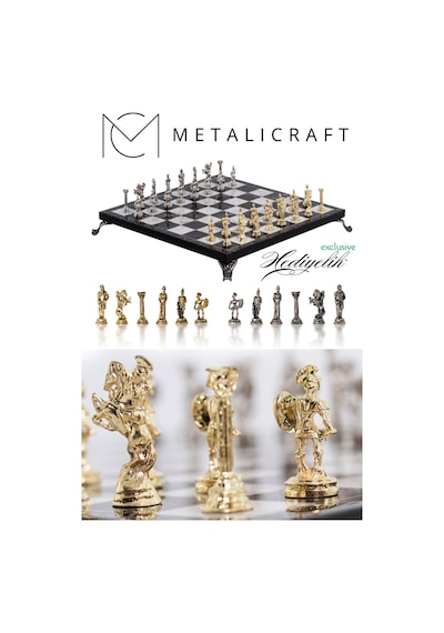 Mc42 Antik Roma Metal Satranç Takımı - Mermer Desenli 25cm Tahta El Yapımı Taşlar