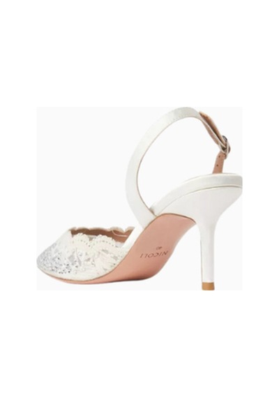 Nicoli Rimini 70 Dantelli Slingback Topuklu, Kristal Taşlı, Sivri Burun, Lüks El Işçiliği Tasarım Beyaz