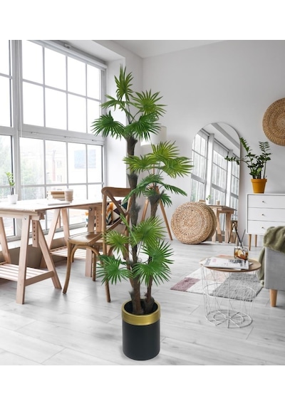 Yapay Ağaç Palmiye Fanpalm 3katlı 24yaprak Gold Kemerli Siyah Saksıda 165 65cm