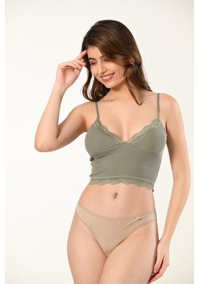 Lusistore Crop Bluz Takım Askılı Dantelli Pedli Büstiyer Bralet %95 Pamuk Ten