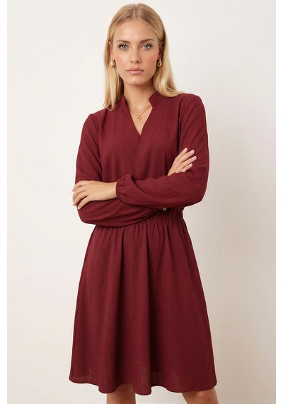 Armonika Kadın Bordo V Yaka Beli Lastikli Kloş Elbise Arm-26k001094